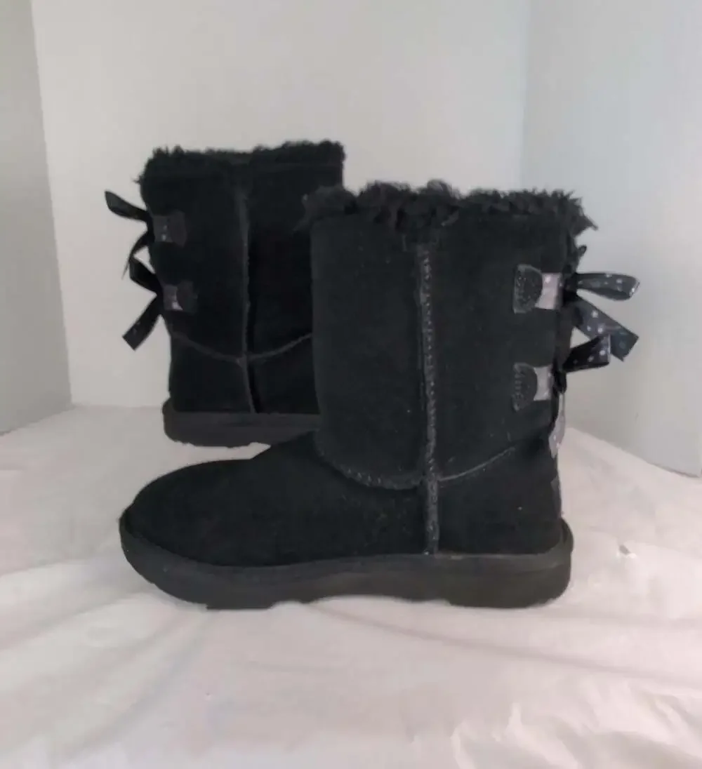 UGG Kids Bailey Bow II Galaxy Black Suede Boots Star and Planet Print Bows 3Y